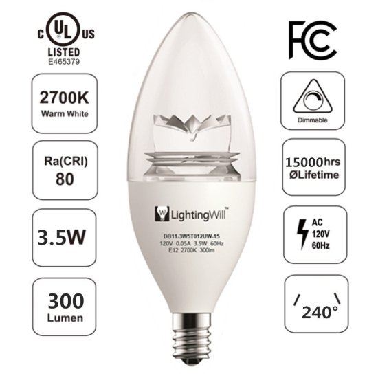 (image for) Free Shipping 6pcs * UL LED Candle Light UL CUL Approved 3.5 Watt 300 Lumen LED Candle Light Bulb Dimmable 2700K Warm White Color in E12 Edison Screw Base, 40 Watt Incandescent Lamp Equivalent