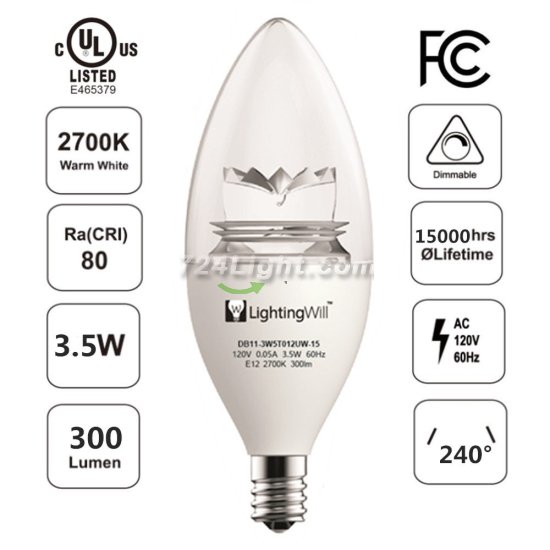 (image for) Free Shiping 4pcs * UL LED Candle Light UL CUL Approved 3.5 Watt 300 Lumen LED Candle Light Bulb Dimmable 2700K Warm White Color in E12 Edison Screw Base, 40 Watt Incandescent Lamp Equivalent