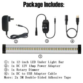 1 PACK 7mm Thick Silver Finish LED Under Cabinet Lighting Dimmable Kit CRI90 300LM SMD2835 12V 5W with Dimmer & Power Supply Included
