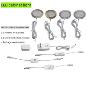 4pcs Pack Round LED Under Cabinet Lighting Stainless Steel LED Puck Light 2W 12VDC, 3 Switches Optional Controllable Puck Light for Motorhome, Caravan, Truck, Kitchen, Wine Cabinet, Wardrobe