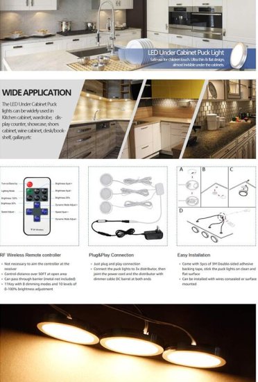 (image for) A-Series 10 Pack (10*2W) Dimmable CRI 90 LED Ultra Thin Under Cabinet Puck Lights With Dimmer & Power Adapter, All Accessories Included