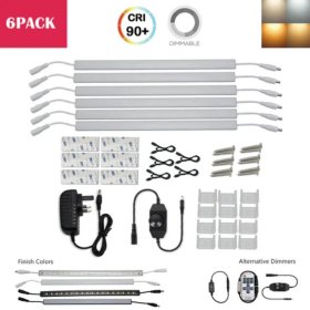 C-Series 6 Pack (6*3W) Dimmable CRI 90 Ultra Thin 12inch Linkable Linear LED Under Cabinet Lights with Dimmer & Power Adapter