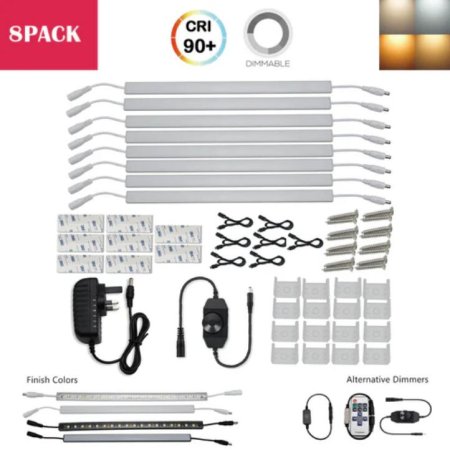 (image for) C-Series 8 Pack (8*3W) Dimmable CRI 90 Ultra Thin 12inch Linkable Linear LED Under Cabinet Lights with Dimmer & Power Adapter