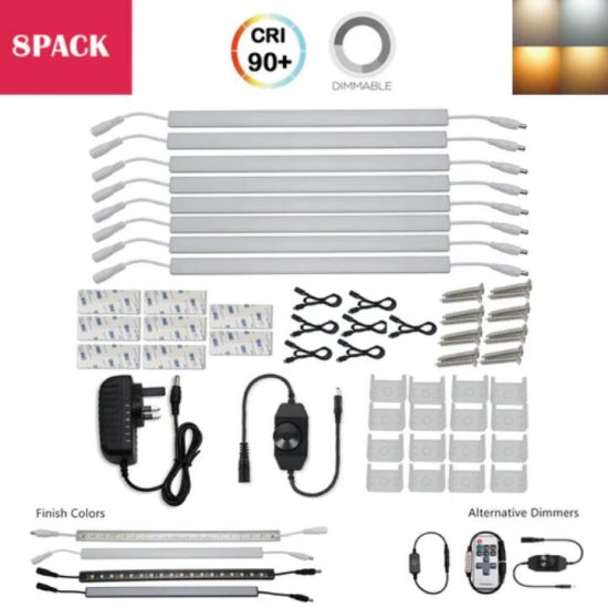 (image for) C-Series 8 Pack (8*3W) Dimmable CRI 90 Ultra Thin 12inch Linkable Linear LED Under Cabinet Lights with Dimmer & Power Adapter