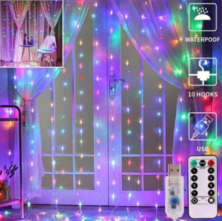 (image for) 300 LED Curtain Lights 9.8FT by 9.8FT, 8 Lighting Modes Multi-color Window Curtain String Lights with Remote USB Powered, Home Party Christmas Bedroom Indoor Outdoor Decor