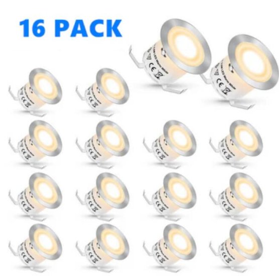 (image for) 16 Pack Outdoor Recessed LED Deck Lights Kits IP67 Waterproof Inground LED Step Lights Kit for Garden, Yard, Steps, Bath Room and Kitchen