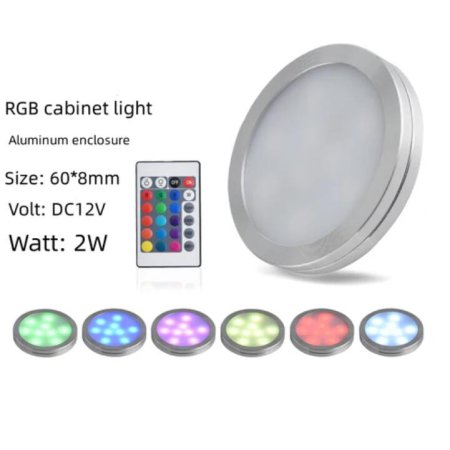 (image for) RGB LED Under Cabinet Lighting Silver Rounded Aluminum Alloy Shell 2W 12VDC Puck Light for Motorhome, Caravan, Truck, Kitchen, Wine Cabinet, Wardrobe