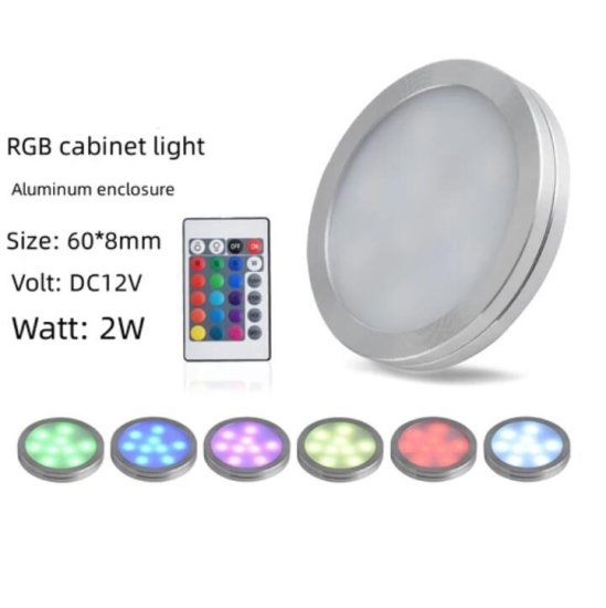 (image for) RGB LED Under Cabinet Lighting Silver Rounded Aluminum Alloy Shell 2W 12VDC Puck Light for Motorhome, Caravan, Truck, Kitchen, Wine Cabinet, Wardrobe