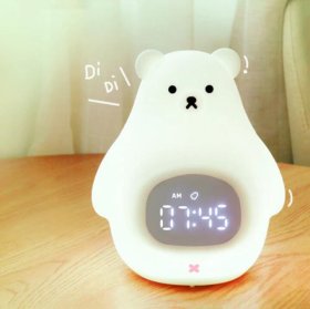 White Bear Clock and LED Night Light Rechargeable Nursery Lamp with Timer for Baby Girls Boys