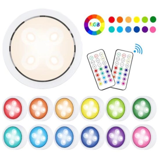 (image for) 6 Pack LED Puck Lights with Remote, White Finish RGBW Color Changing Under Cabinet Lights Wireless,13 Colors Changeable LED Closet Light Dimmable,AA Battery Operate Push Night Lights with Timer Function