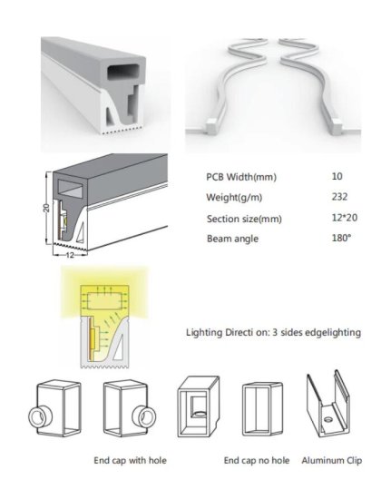 (image for) 1M/5M/10M/20M Pack of T1220 3 Sides Edge Lighting LED Neon Light Housing Kit with End Caps and Mounting Clips, Flexible Neon Channel Fit for 10mm Wide LED Strip Lights
