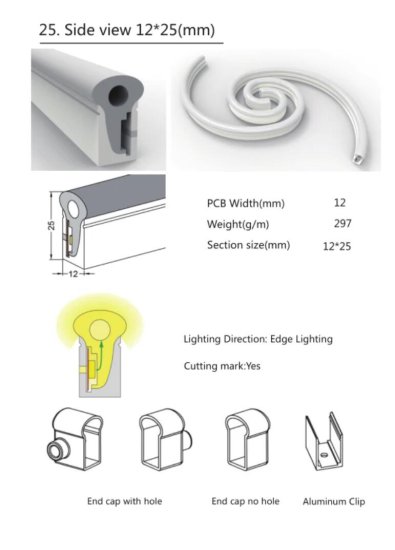 (image for) 1M/5M/10M/20M Pack of T1225 LED Neon Light Housing Kit with End Caps and Mounting Clips, Flexible Neon Channel Fit for 12mm Wide LED Strip Lights