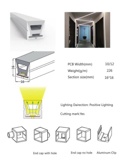(image for) 1M/5M/10M/20M Pack of T1616 One Face Emitting LED Neon Light Housing Kit with End Caps and Mounting Clips, Flexible Neon Channel Fit for 10/12 Wide LED Strip Lights
