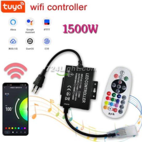 (image for) RGB LED Controller, 1500W Max High-Voltage WiFi Color Changing RGB Controller (Aluminum) with RF Remote and Music Time APP Control System for AC110-130V/ 200-240V LED Tape Rope Strip Lights