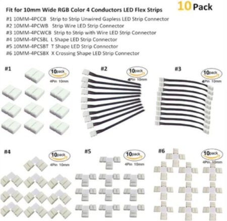 (image for) 10pcs Pack Solderless Snap Down 4Conductor LED Strip Connectors for 10mm Wide SMD5050 RGB Color Flex LED Strips