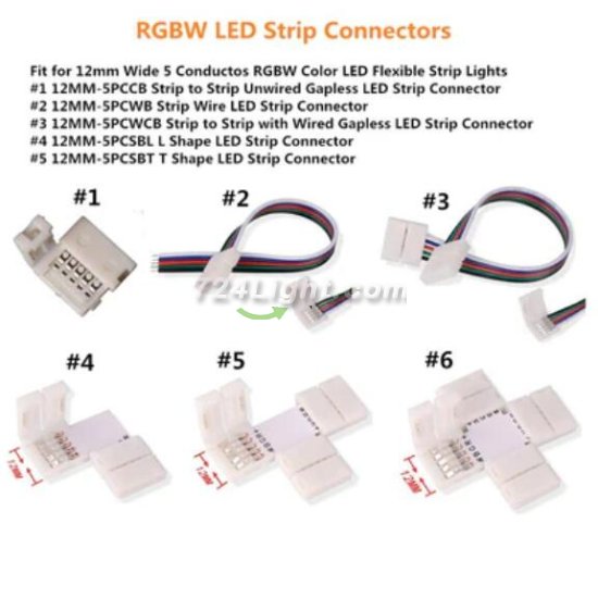 (image for) 10PCS PACK RGBW LED Strip Connectors Solderless Snap Down 5Conductor Connectors for 12mm Wide SMD5050 RGBW Color Flex LED Strips