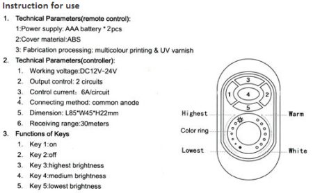 (image for) DC12-24V 433MHz LED Controller Temperature Color & Brightness Adjustable LED Strip Light Controller