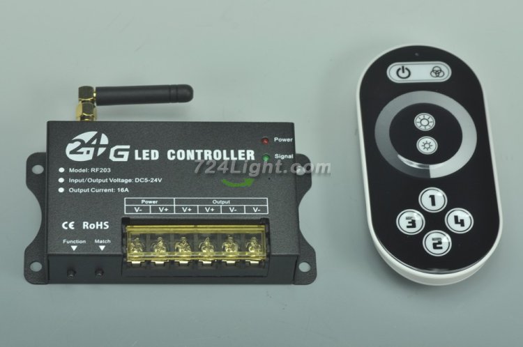 (image for) 2.4Ghz DC12V - 192W DC24V - 384W 1Channels 16A 2.4G LED Light Single Color Dimmer Controller With Touch Remote
