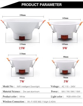6Pack WiFi Intelligent LED Downlight RGBCW WiFi APP Controlled LED Downlight 3 Inch 5W 120V /220V AC, Dimmable RGBCW 2700-6500K Color Changing, Compatible with Alexa/Google, Ceiling Lights