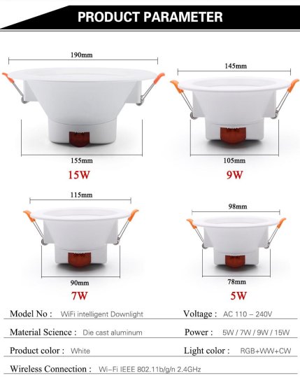 (image for) 6Pack WiFi Intelligent LED Downlight RGBCW WiFi APP Controlled LED Downlight 3 Inch 5W 120V /220V AC, Dimmable RGBCW 2700-6500K Color Changing, Compatible with Alexa/Google, Ceiling Lights
