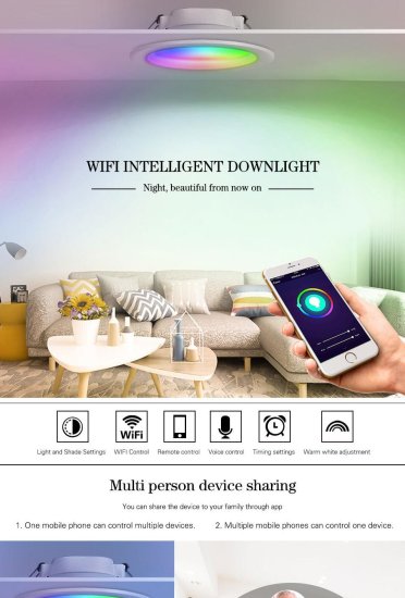 (image for) 6Pack WiFi Intelligent LED Downlight RGBCW WiFi APP Controlled LED Downlight 3 Inch 5W 120V /220V AC, Dimmable RGBCW 2700-6500K Color Changing, Compatible with Alexa/Google, Ceiling Lights