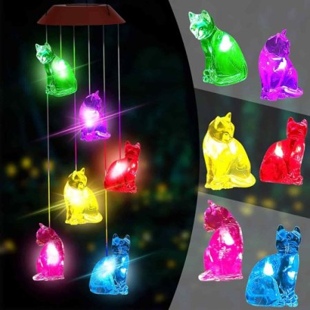 (image for) Cat Solar Wind Chimes, Solar Wind Chimes Outdoor Decorative Lights For Patio Garden Window Holiday Gifts