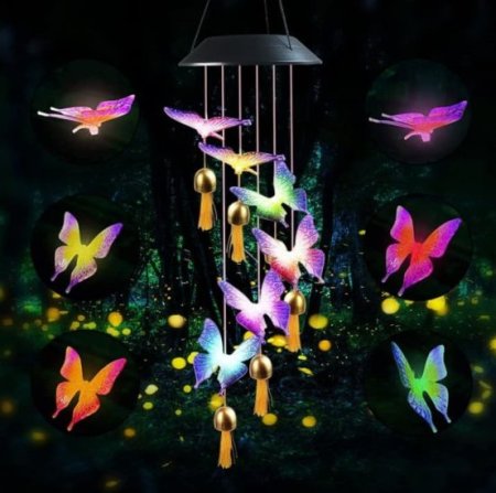 (image for) Solar Wind Chimes, Butterfly Hanging Mobile Color Changing Lights with Bells for Garden Patio Windows Festival Outdoor Decoration
