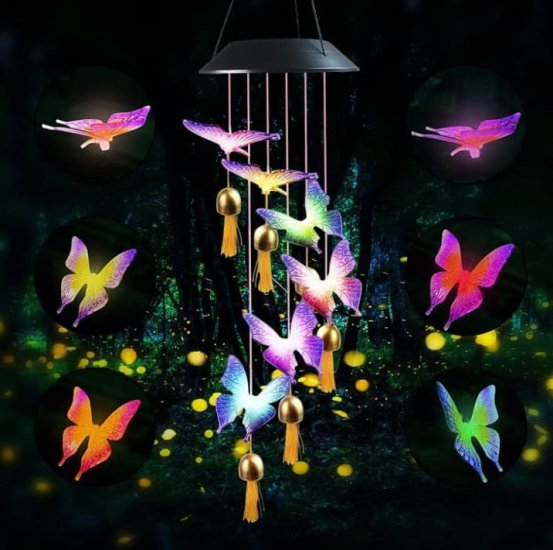 (image for) Solar Wind Chimes, Butterfly Hanging Mobile Color Changing Lights with Bells for Garden Patio Windows Festival Outdoor Decoration